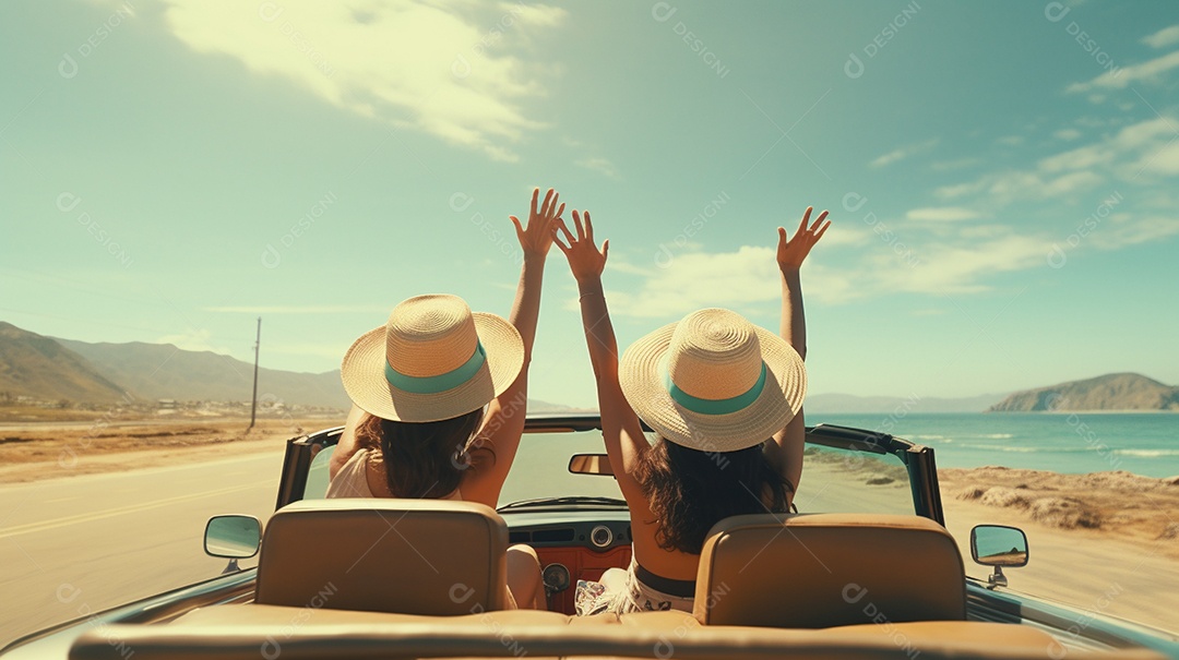 Vista traseira de jovens amigas felizes em um carro conversível com as mãos levantadas IA generativa