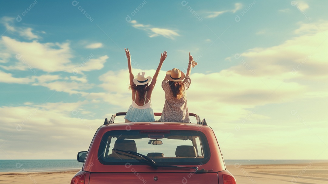 Vista traseira de jovens amigas felizes em um carro conversível com as mãos levantadas IA generativa