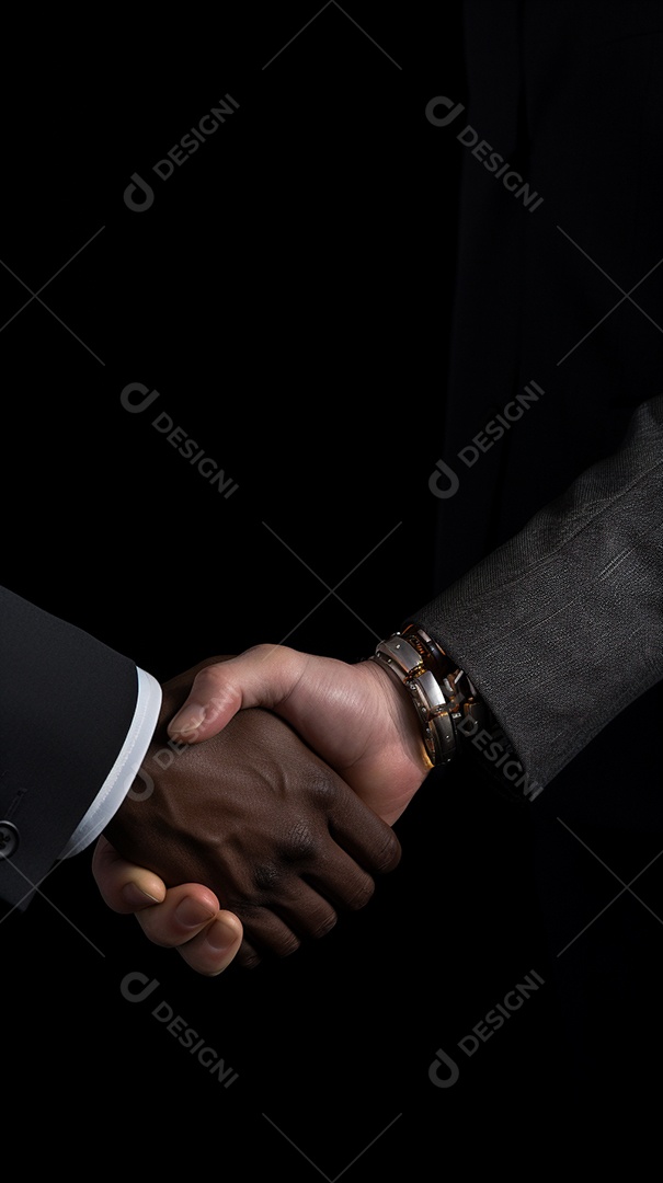 Parceiros de negócios de aperto de mão isolados em fundo preto vertical generative IA