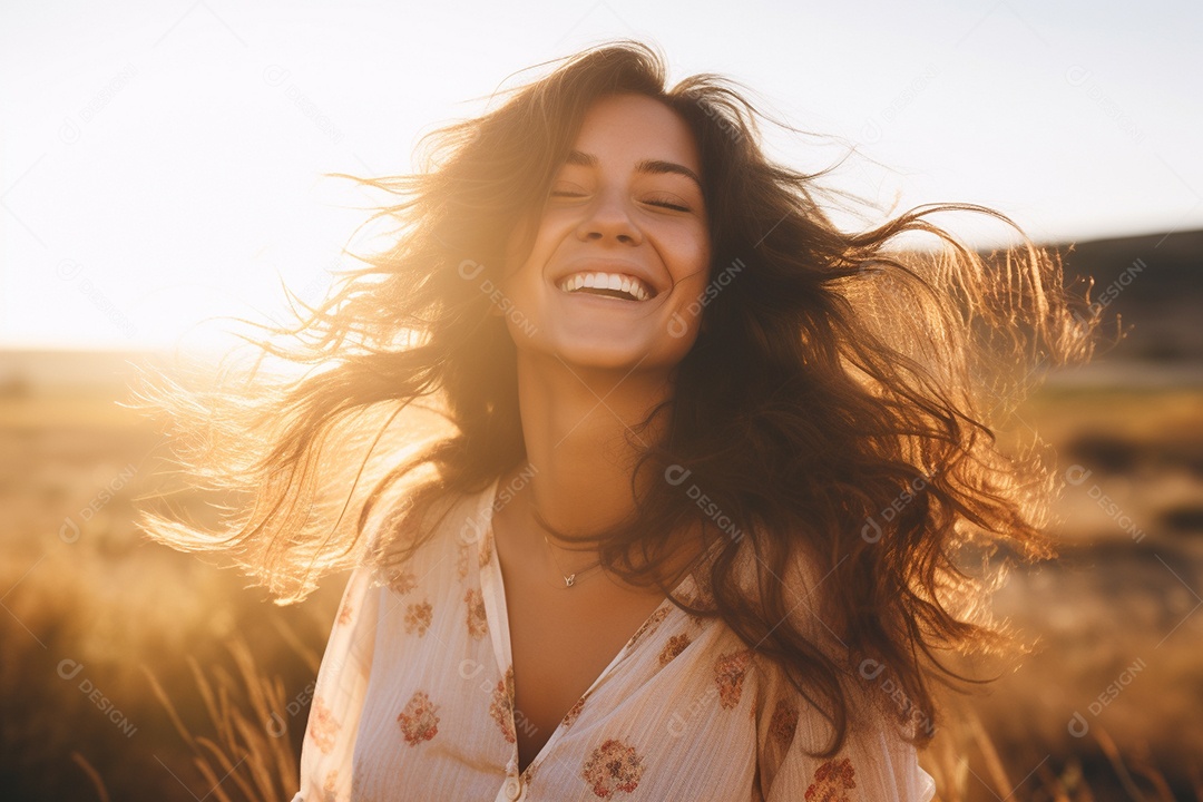 Retrato de uma mulher atraente morena com cabelo ventoso em fundo brilhante e desfocado IA generativa