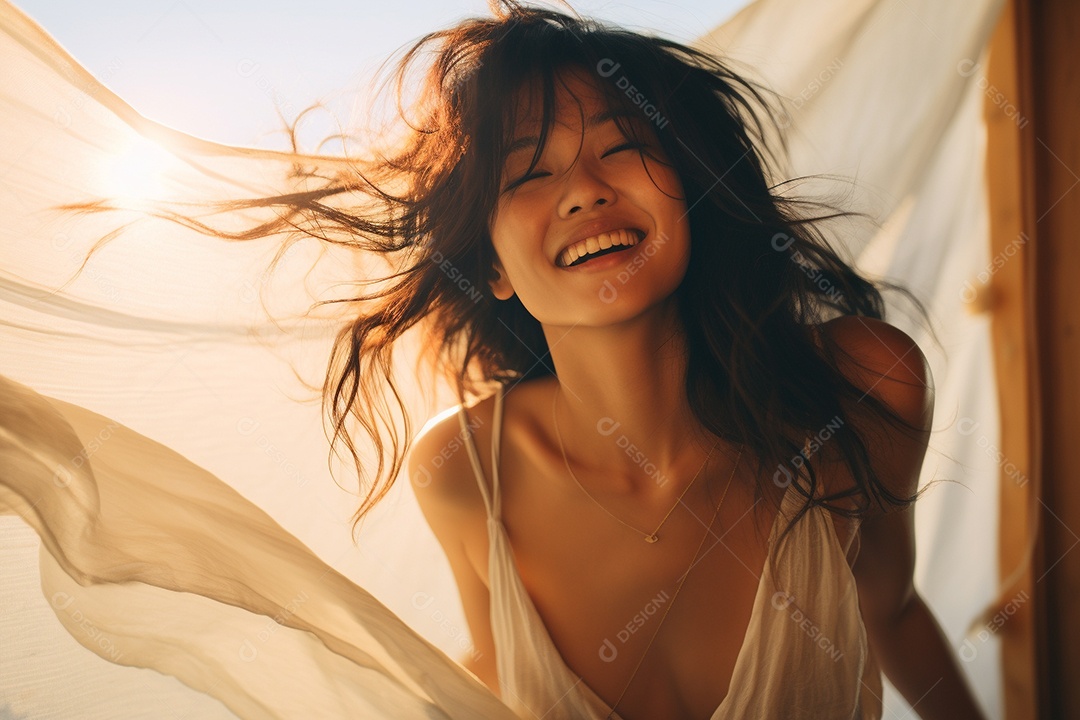 Retrato de ângulo baixo de uma bela jovem asiática em um vestido esvoaçante generative AI