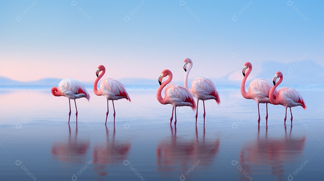 Grupo de pássaros flamingos cor de rosa na lagoa azul IA generativa