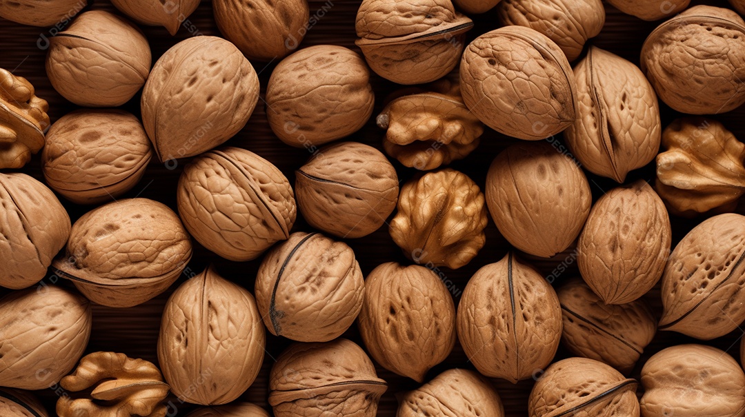 Nozes com casca vista aproximada fundo de nozes IA generativa