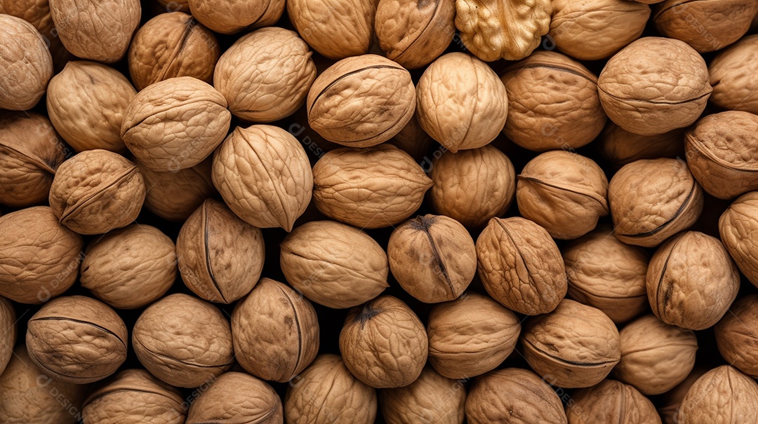 Nozes com casca vista aproximada fundo de nozes IA generativa
