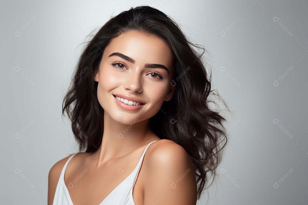 Jovem mulher de cabelos ondulados sorrindo em um fundo pastel IA generativa