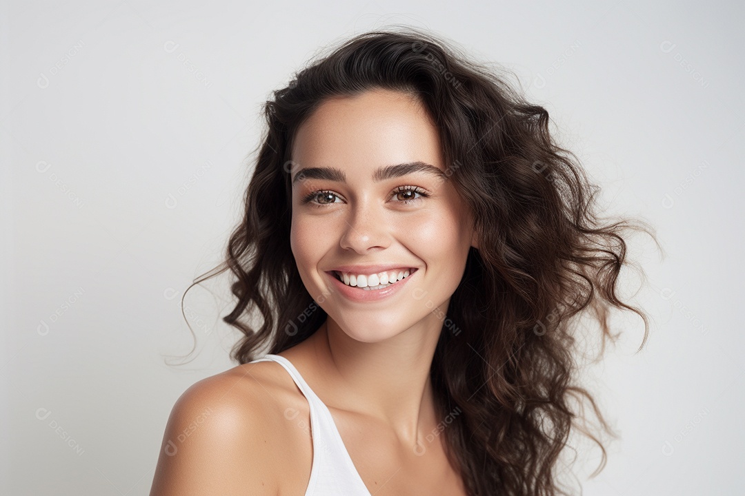 Jovem mulher de cabelos ondulados sorrindo em um fundo pastel IA generativa