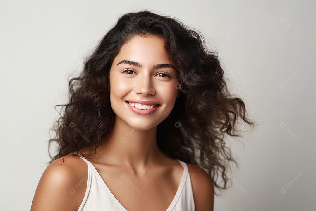 Jovem mulher de cabelos ondulados sorrindo em um fundo pastel IA generativa