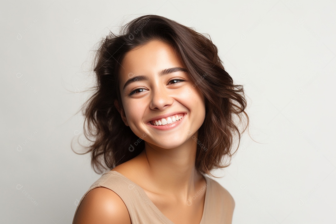 Jovem mulher de cabelos ondulados sorrindo em um fundo pastel IA generativa