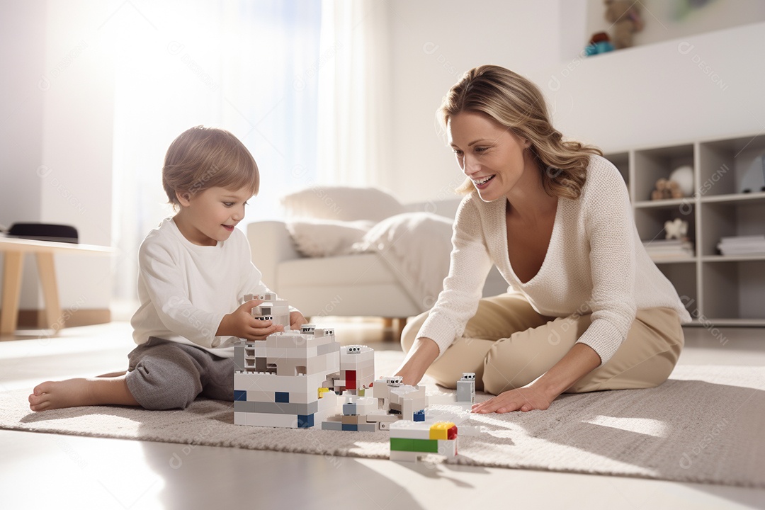 Uma linda mulher brincando com seu bebê sentado no chão da sala generative IA