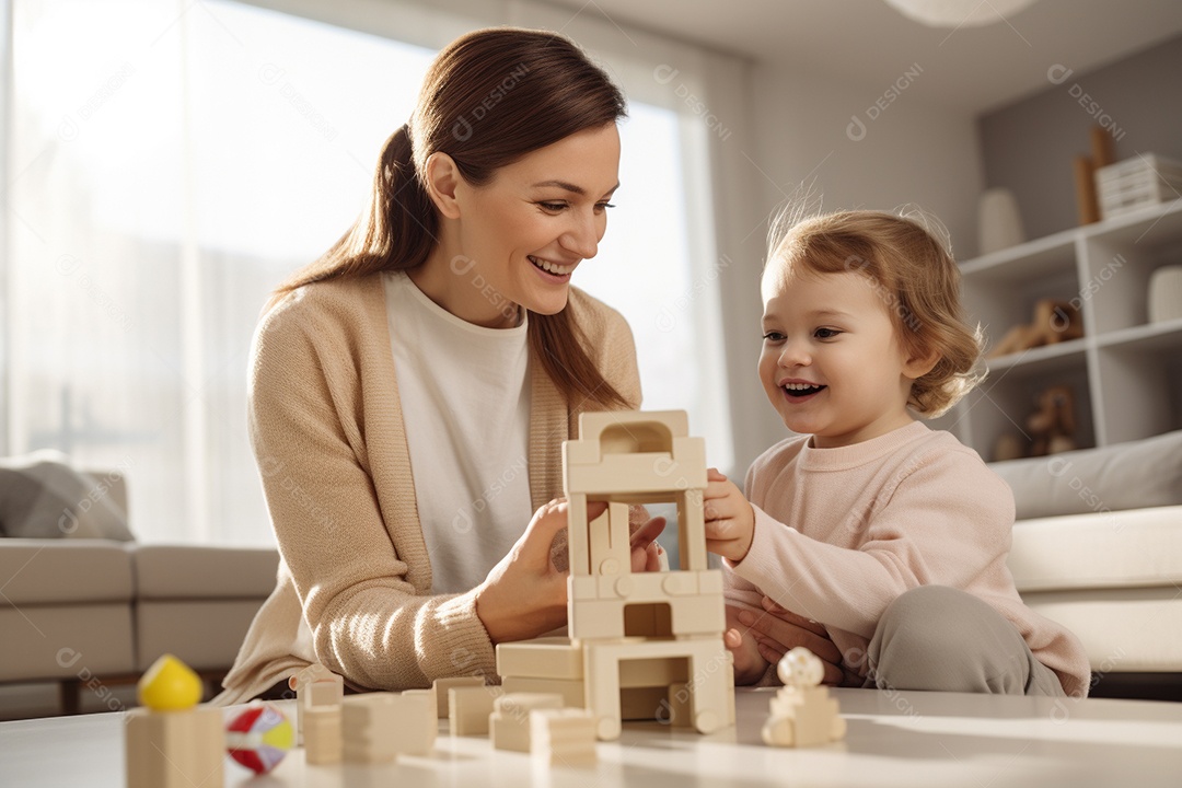 Uma linda mulher brincando com seu bebê sentado no chão da sala generative IA