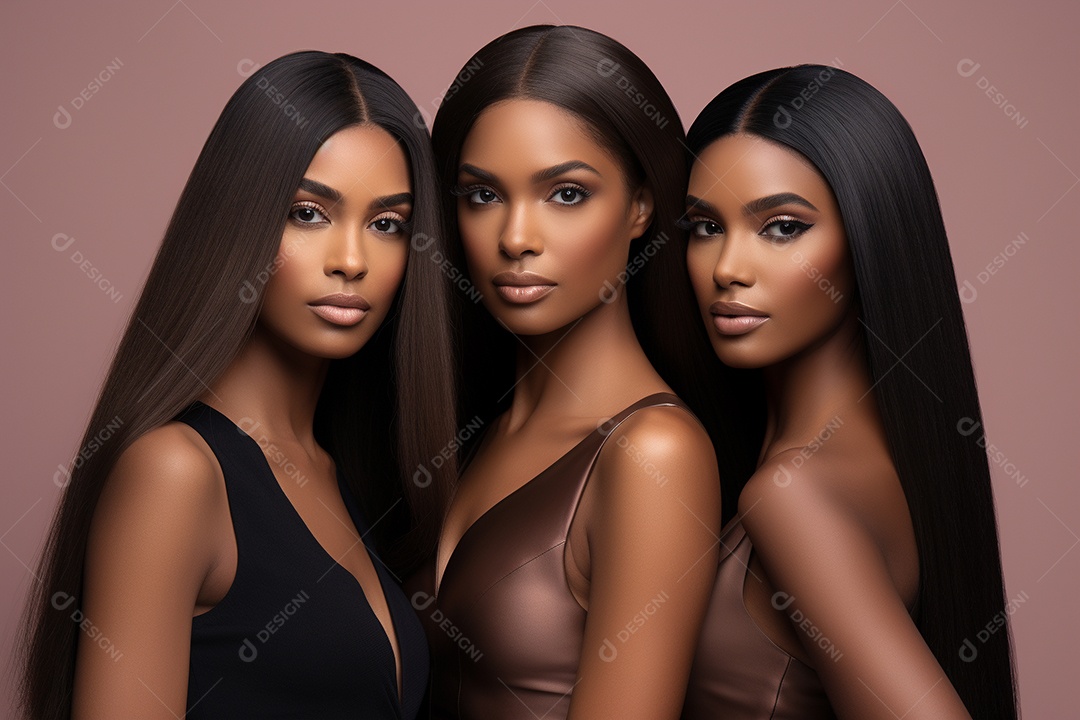 Três jovens atraentes olhando para a câmera em pé sobre fundo pastel IA generativa