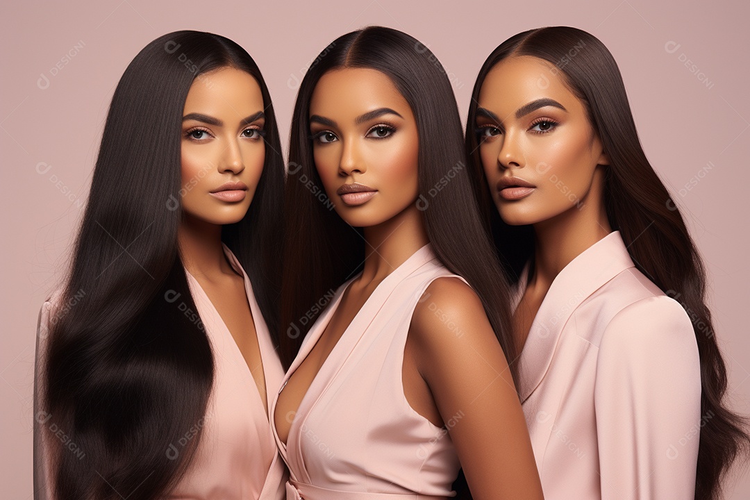 Três jovens atraentes olhando para a câmera em pé sobre fundo pastel IA generativa