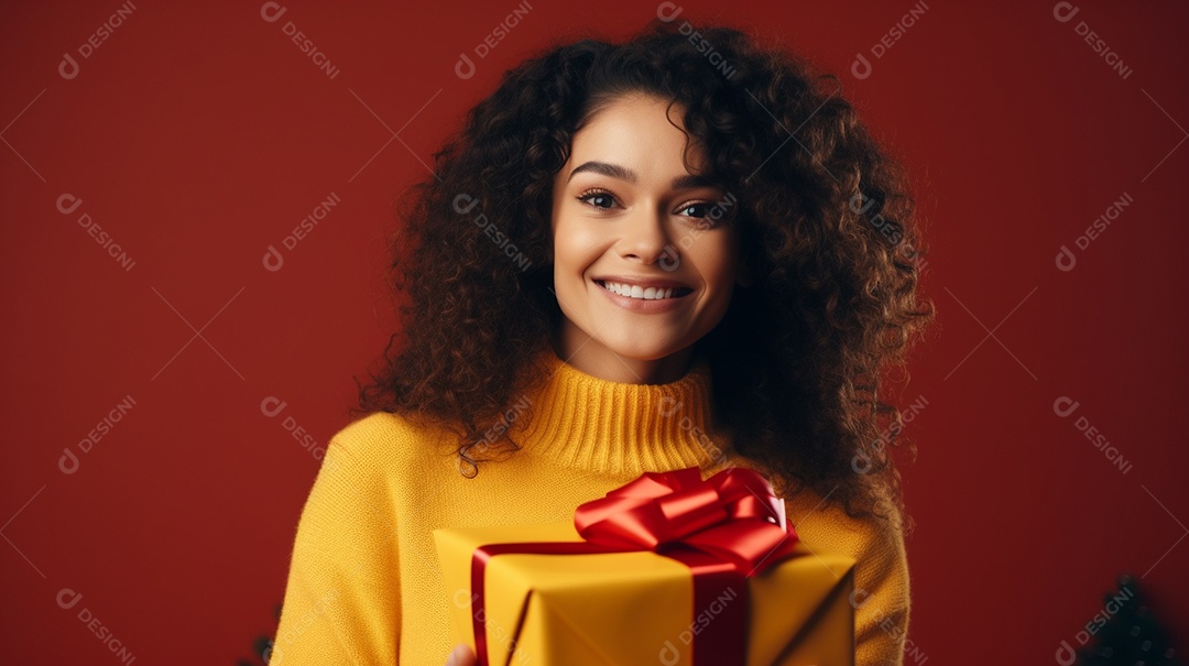 Jovem mulher sorridente e feliz com cabelos cacheados segurando uma caixa de presente em fundo vermelho Generative IA