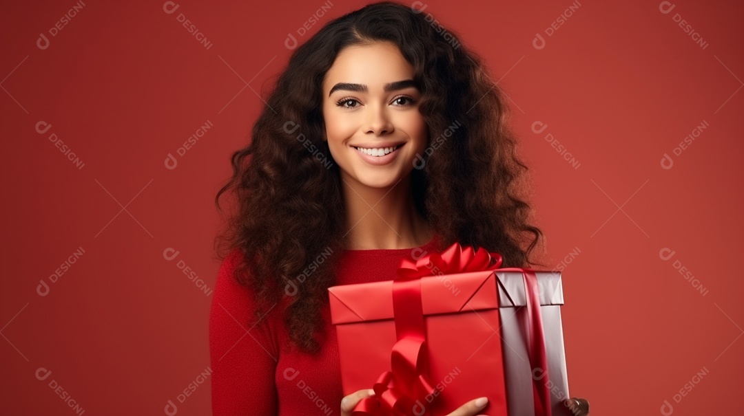 Jovem mulher sorridente e feliz com cabelos cacheados, segurando uma caixa de presente em fundo vermelho Generative IA