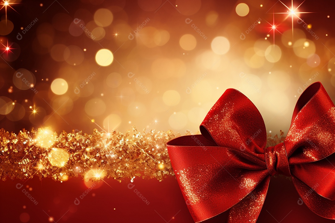 O bokeh de Natal ilumina o fundo com fita vermelha IA generativa