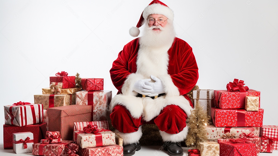 Papai Noel sentado com uma pilha de presentes em fundo branco prepare-se para fazer sonhos infantis IA geradora