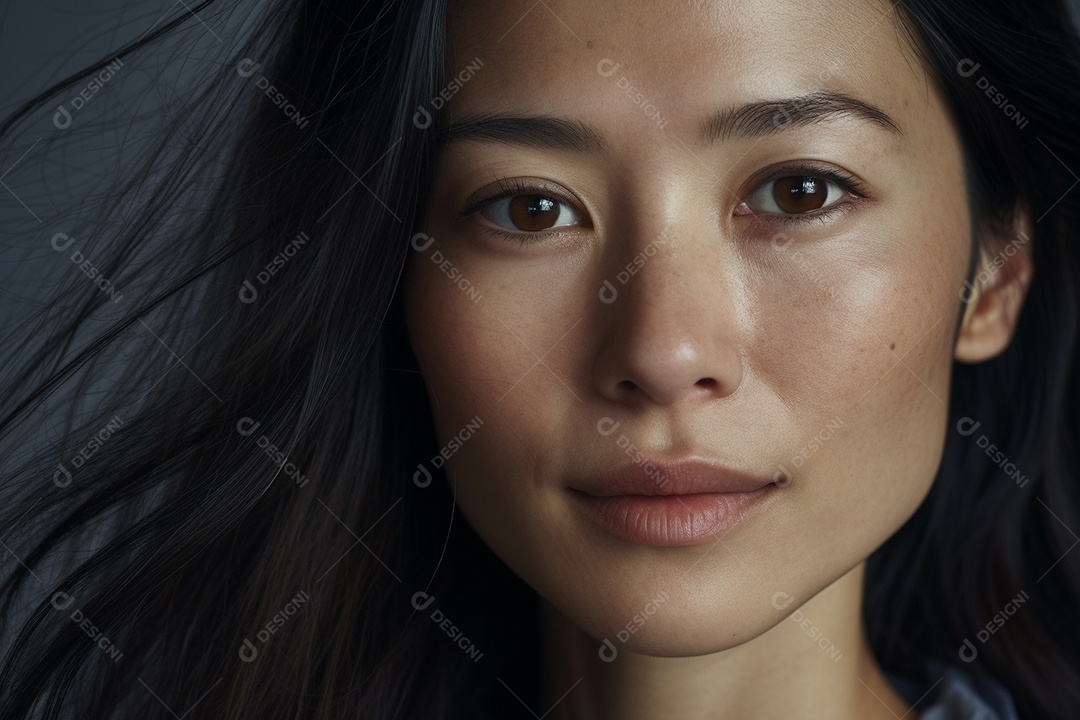 Feche o retrato de uma jovem asiática com cabelo ventoso em fundo escuro IA generativa