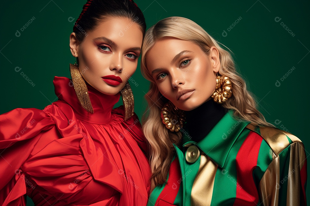 Retrato de duas lindas mulheres com roupas elegantes de Natal em fundo verde generative IA