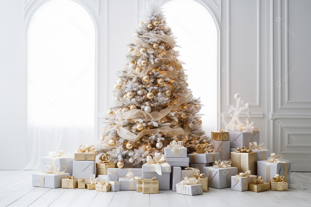 Decoração branca interior de Natal Presentes debaixo da árvore com neve artificial IA generativa