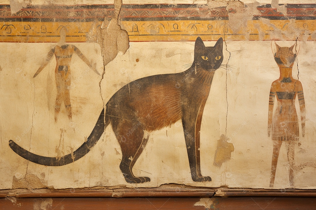 Pintura egípcia antiga de um gato em uma parede em ruínas IA generativa