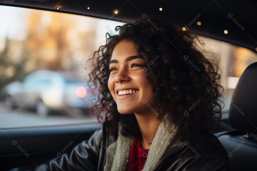 Retrato detalhado de uma jovem alegre com cabelos ventosos sentada em um carro IA generativa