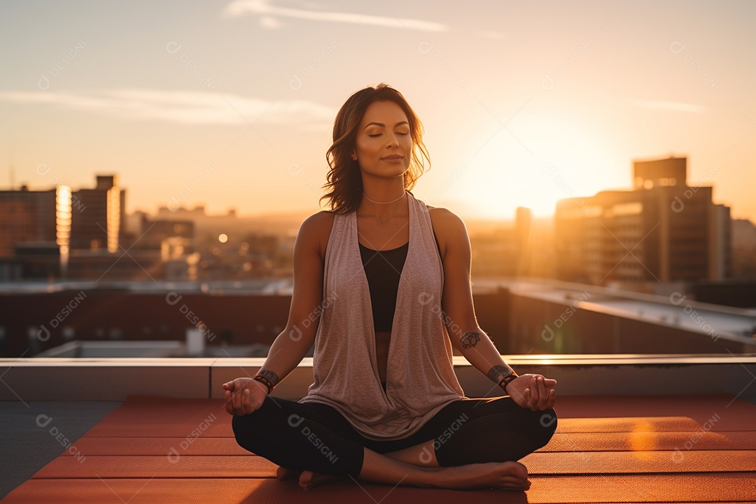 Mulher sentada no terraço meditando ao pôr do sol IA generativa