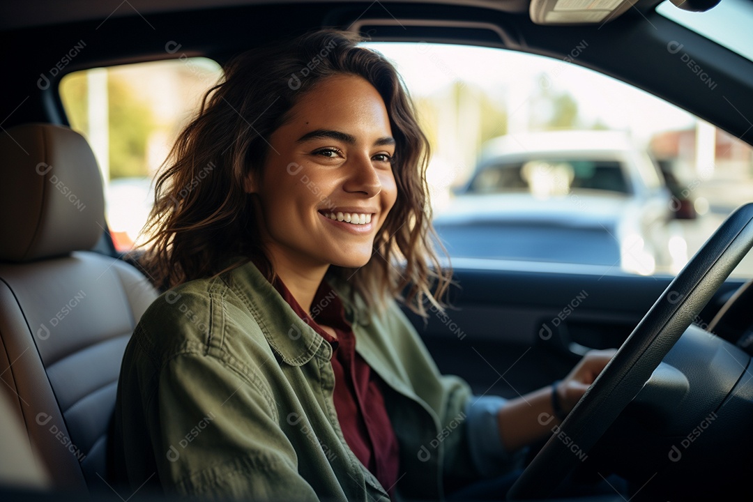 Retrato de uma linda mulher sorridente em um carro olhando pela janela Generative IA