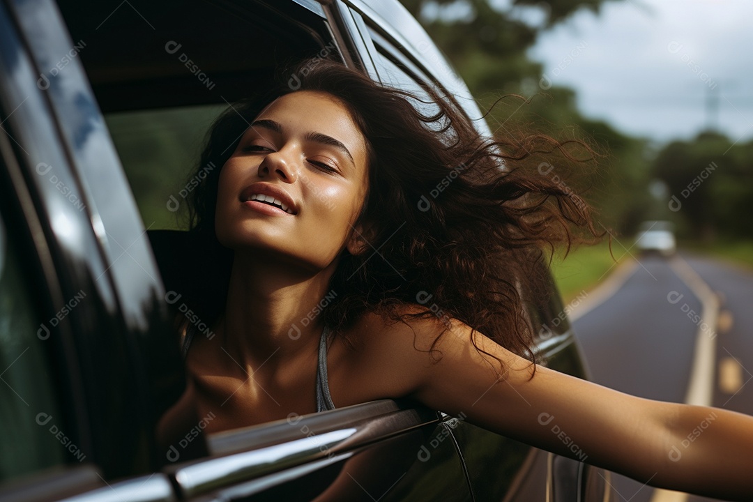 Retrato detalhado de uma jovem alegre com cabelos ventosos sentada em um carro IA generativa