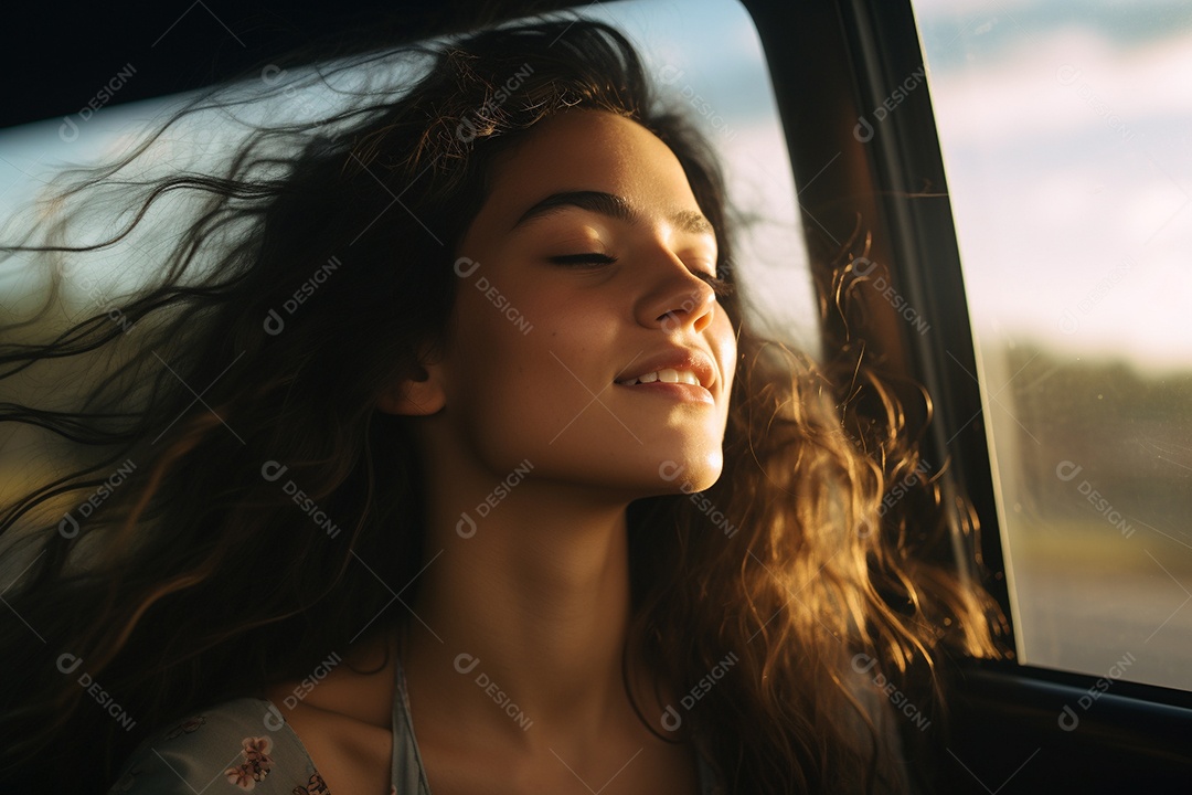 Retrato detalhado de uma jovem alegre com cabelos ventosos sentada em um carro IA generativa