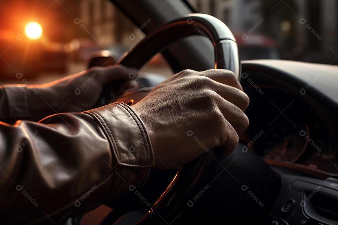 Homem segurando o volante Dirigindo carro na paisagem urbana Generative IA