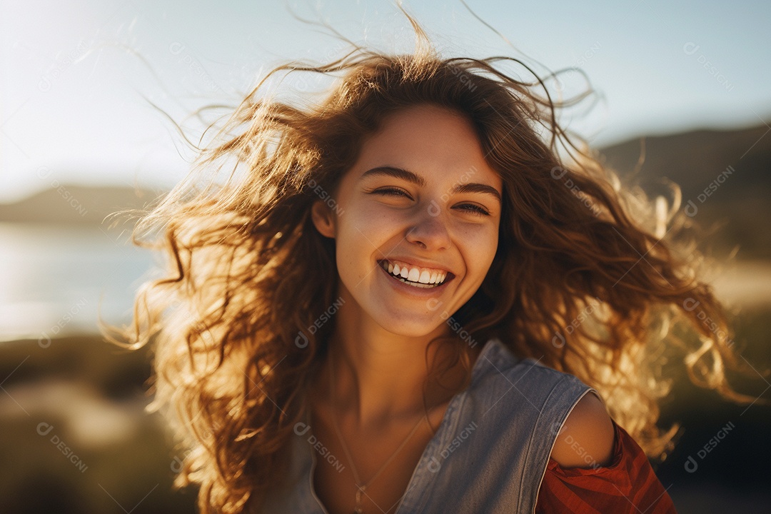 Retrato detalhado de uma jovem alegre com cabelos ventosos IA generativa