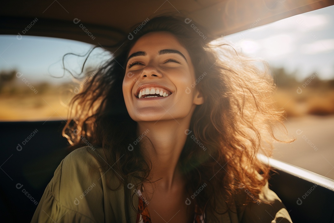 Retrato detalhado de uma jovem alegre com cabelos ventosos sentada em um carro IA generativa