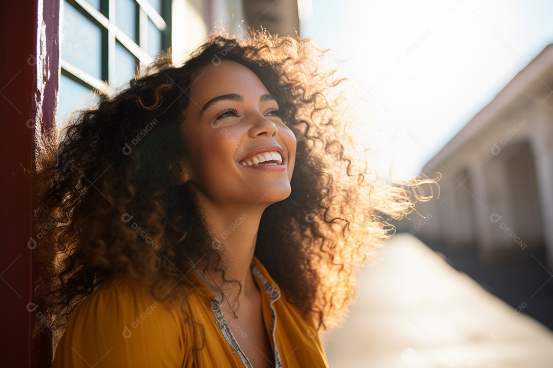 Retrato detalhado de uma jovem alegre com cabelos ventosos IA generativa
