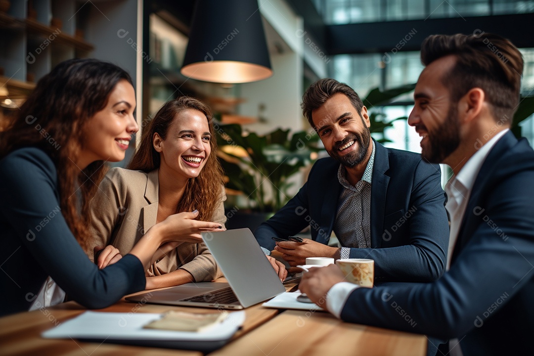 Diversos empresários em reuniões corporativas sentados à mesa na sala de reuniões IA generativa