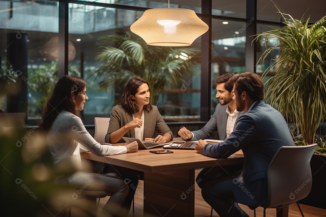 Diversos empresários em reuniões corporativas sentados à mesa na sala de reuniões IA generativa