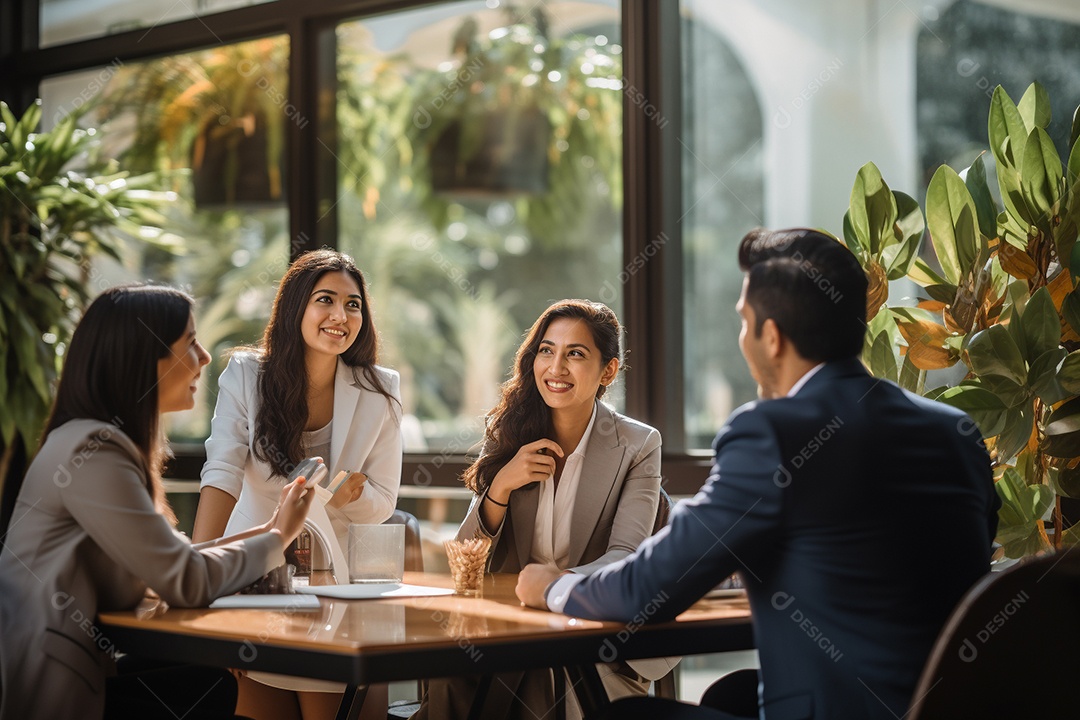 Diversos empresários em reuniões corporativas sentados à mesa na sala de reuniões IA generativa