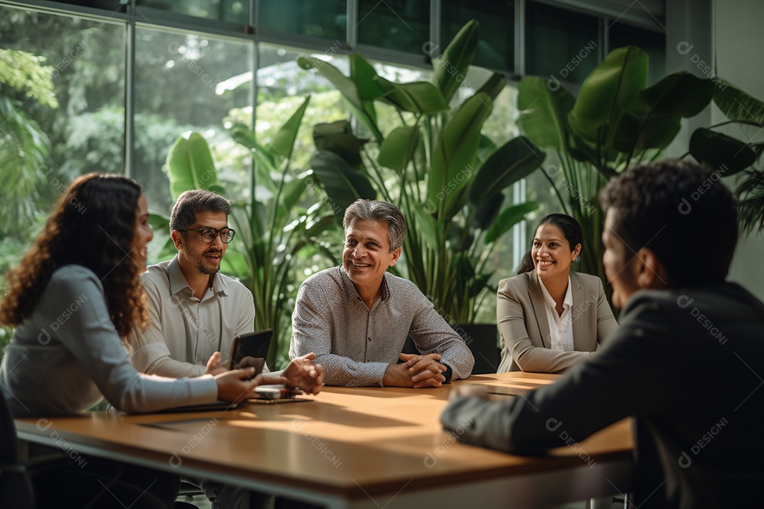 Diversos empresários em reuniões corporativas sentados à mesa na sala de reuniões IA generativa