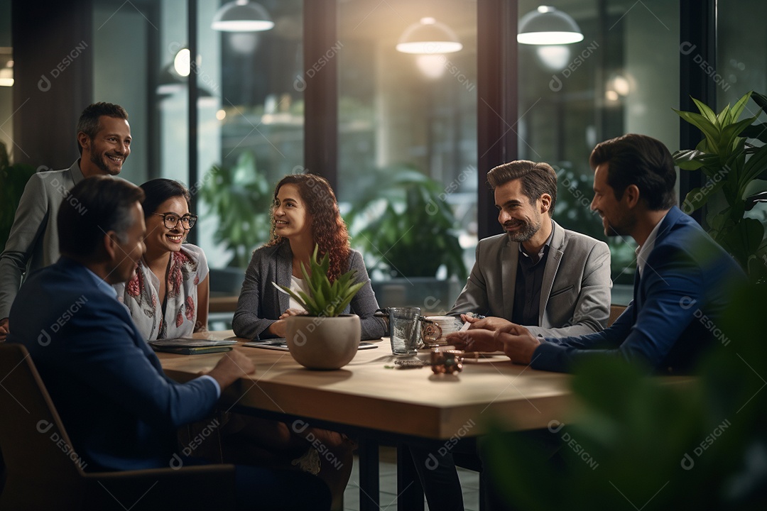 Diversos empresários em reuniões corporativas sentados à mesa na sala de reuniões IA generativa