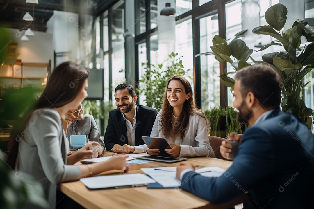 Diversos empresários em reuniões corporativas sentados à mesa na sala de reuniões IA generativa