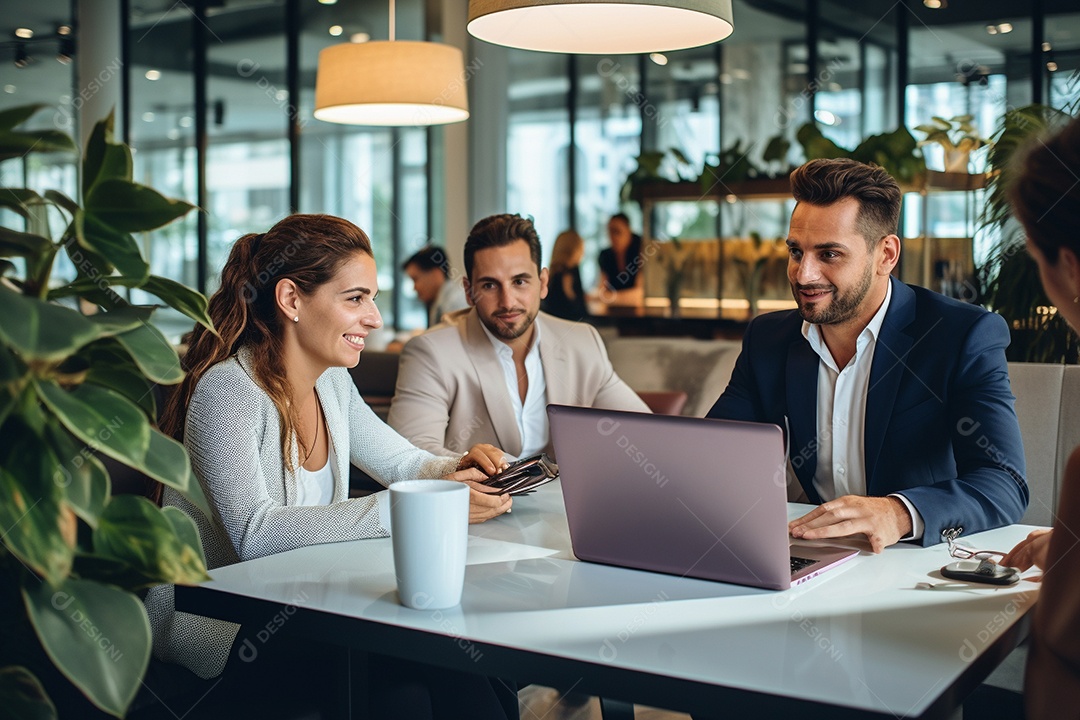 Diversos empresários em reuniões corporativas sentados à mesa na sala de reuniões IA generativa