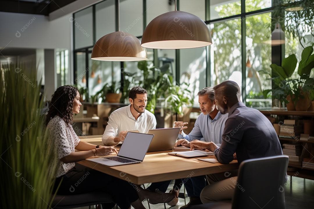 Diversos empresários em reuniões corporativas sentados à mesa na sala de reuniões IA generativa