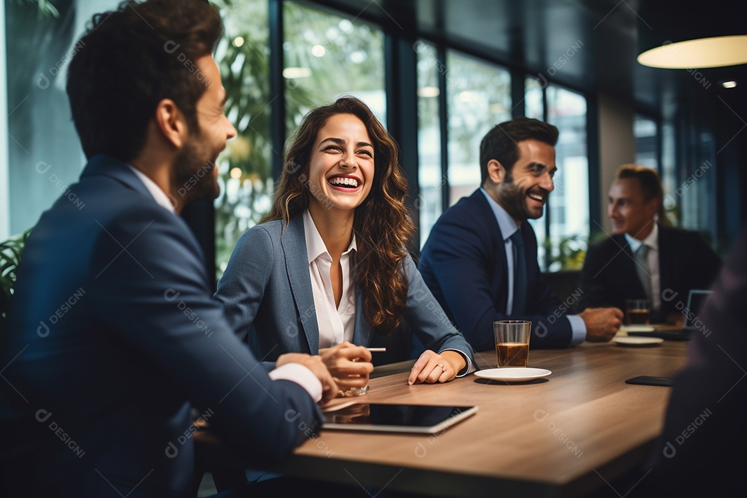 Diversos empresários em reuniões corporativas sentados à mesa na sala de reuniões IA generativa