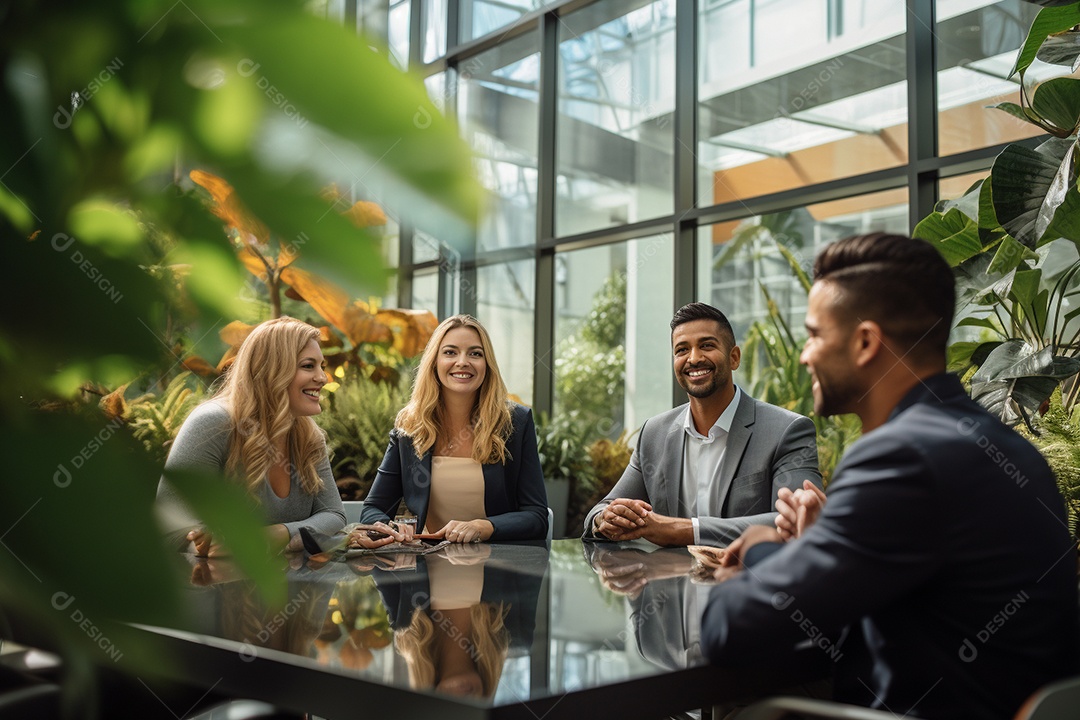 Diversos empresários em reuniões corporativas sentados à mesa na sala de reuniões IA generativa