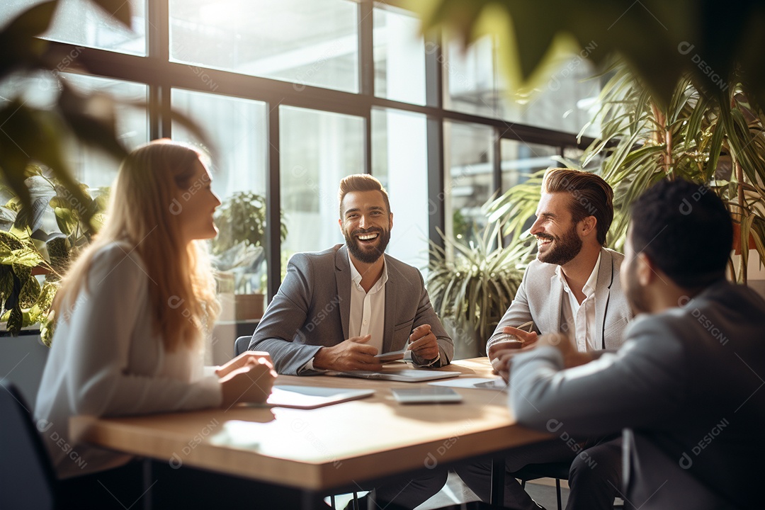 Diversos empresários em reuniões corporativas sentados à mesa na sala de reuniões IA generativa