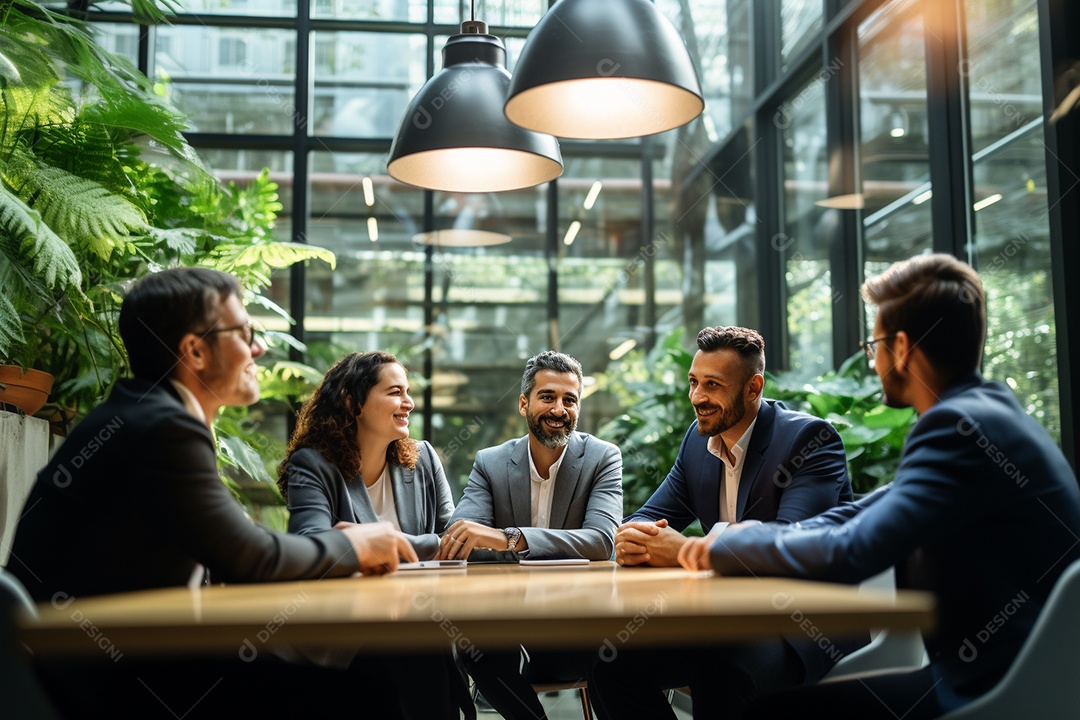 Diversos empresários em reuniões corporativas sentados à mesa na sala de reuniões IA generativa