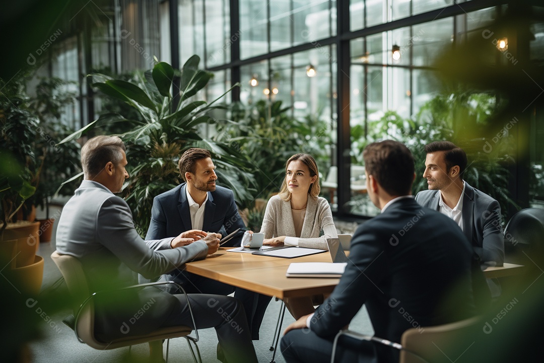 Diversos empresários em reuniões corporativas sentados à mesa na sala de reuniões IA generativa