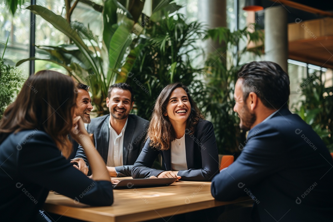 Empresário sorrindo durante reunião com colegas de trabalho IA generativa