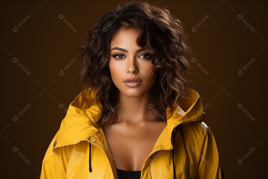 Retrato de uma jovem mulher de cabelos cacheados vestindo uma jaqueta esportiva em fundo escuro IA generativa