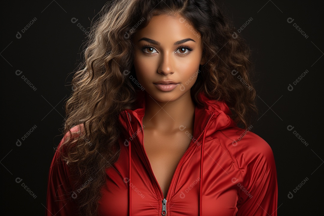 Retrato de uma jovem mulher de cabelos cacheados vestindo uma jaqueta esportiva em fundo escuro IA generativa