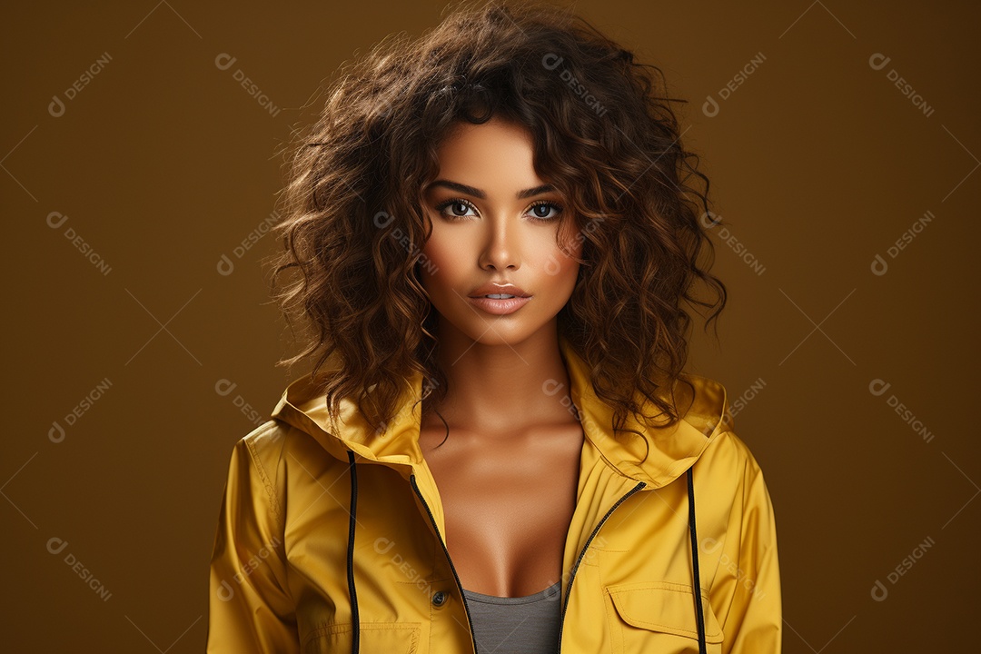 Retrato de uma jovem mulher de cabelos cacheados vestindo uma jaqueta esportiva em fundo escuro IA generativa